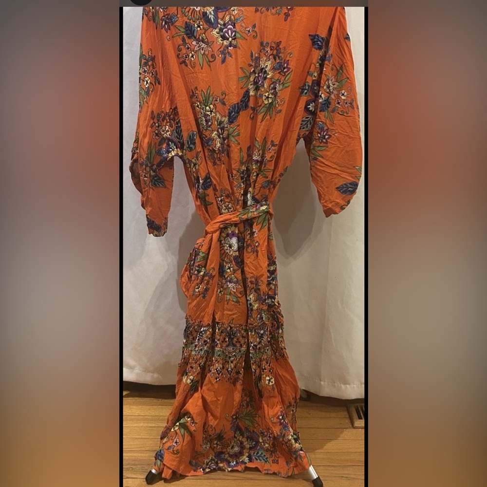 Anthropologie Emmanuelle Orange Floral Paisley Boho Belted Robe Cover Up XS - Picture 5 of 5